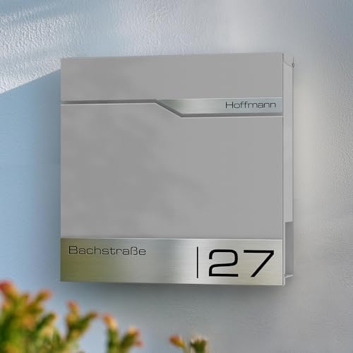 Siebert Metzler Briefkasten Basaltgrau RAL7012 mit Zeitungsfach & Edelstahl Namensschild – langlebig & modern für Ihr Zu
