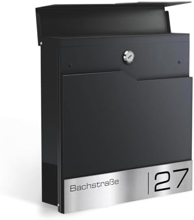 Siebert Metzler Briefkasten Basaltgrau RAL7012 mit Zeitungsfach & Edelstahl Namensschild – langlebig & modern für Ihr Zu