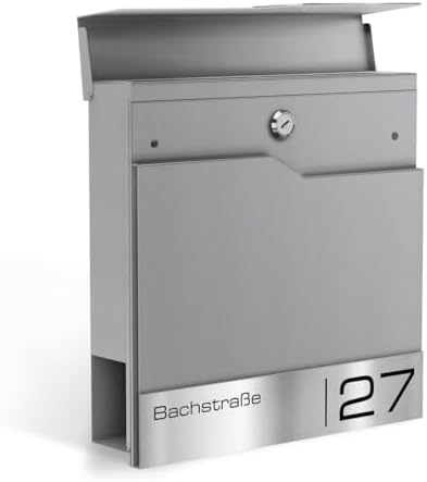 Siebert Metzler Briefkasten Basaltgrau RAL7012 mit Zeitungsfach & Edelstahl Namensschild – langlebig & modern für Ihr Zu