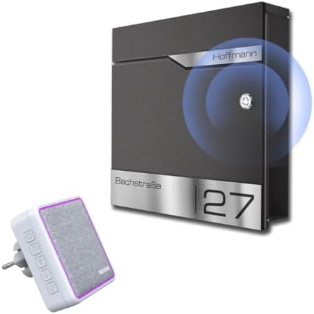 Siebert Metzler Briefkasten mit Funkklingel & Steckdosen-Empfänger, graviert, Anthrazit RAL 7016, inkl. Zeitungsfach