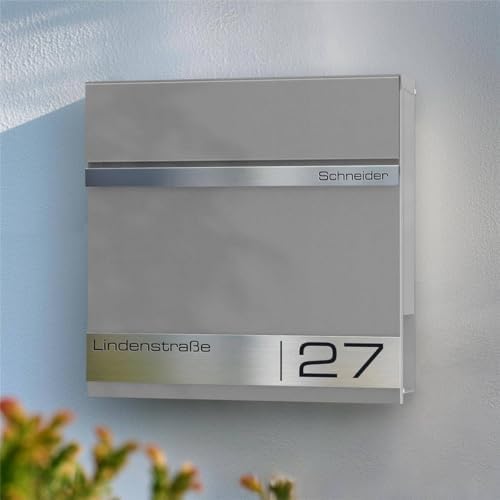 Metzler Briefkasten Anthrazit mit Zeitungsfach - personalisierter Wandbriefkasten aus massivem Stahl | Modell Stencil 2