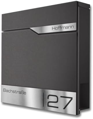 Siebert Metzler Briefkasten Basaltgrau RAL7012 mit Zeitungsfach & Edelstahl Namensschild – langlebig & modern für Ihr Zu