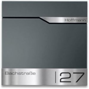 Siebert Metzler Briefkasten Basaltgrau RAL7012 mit Zeitungsfach & Edelstahl Namensschild – langlebig & modern für Ihr Zu