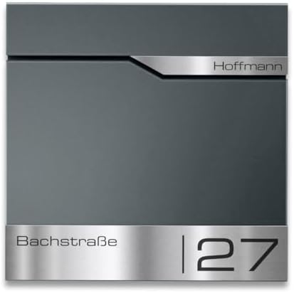 Siebert Metzler Briefkasten Basaltgrau RAL7012 mit Zeitungsfach & Edelstahl Namensschild – langlebig & modern für Ihr Zu