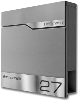 Siebert Metzler Briefkasten Basaltgrau RAL7012 mit Zeitungsfach & Edelstahl Namensschild – langlebig & modern für Ihr Zu