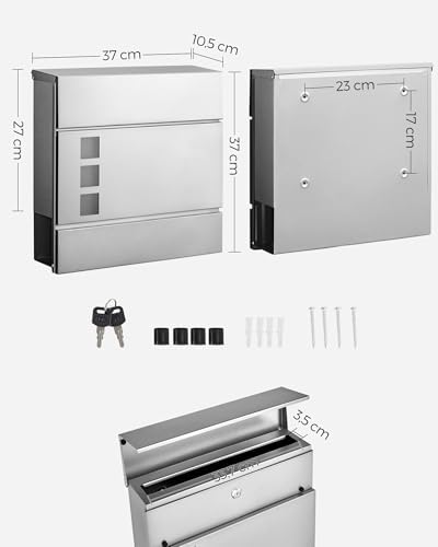 SONGMICS XXL Briefkasten mit Zeitungsfach – moderner, abschließbarer Postkasten für Ihren Vorgarten, anthrazit, einfache