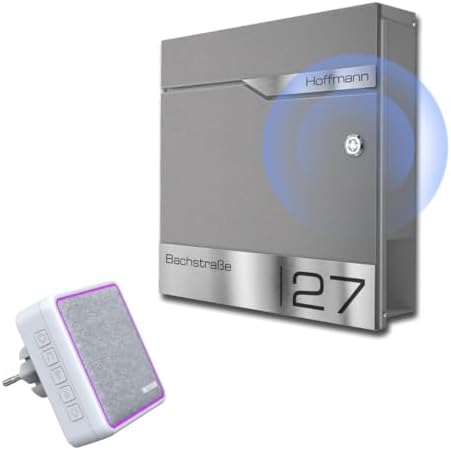 Siebert Metzler Briefkasten mit Funkklingel & Steckdosen-Empfänger, graviert, Anthrazit RAL 7016, inkl. Zeitungsfach