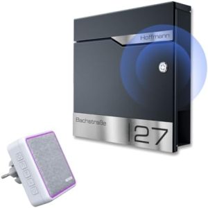 Siebert Metzler Briefkasten mit Funkklingel & Steckdosen-Empfänger, graviert, Anthrazit RAL 7016, inkl. Zeitungsfach