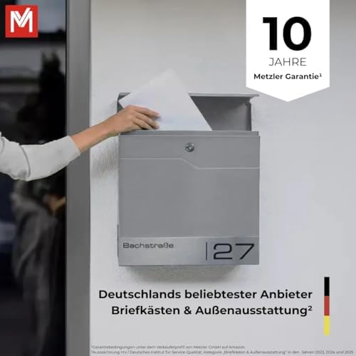 Siebert Metzler Briefkasten Basaltgrau RAL7012 mit Zeitungsfach & Edelstahl Namensschild – langlebig & modern für Ihr Zu