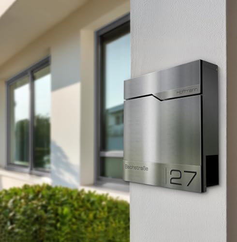 Siebert Metzler Briefkasten Basaltgrau RAL7012 mit Zeitungsfach & Edelstahl Namensschild – langlebig & modern für Ihr Zu