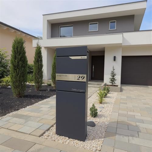 Metzler Standbriefkasten anthrazit RAL 7016 - Wetterfest mit Namensschild & Zeitungsfach | Perfekt für jeden Außenbereic