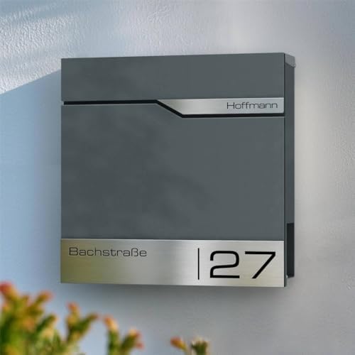 Siebert Metzler Briefkasten Basaltgrau RAL7012 mit Zeitungsfach & Edelstahl Namensschild – langlebig & modern für Ihr Zu