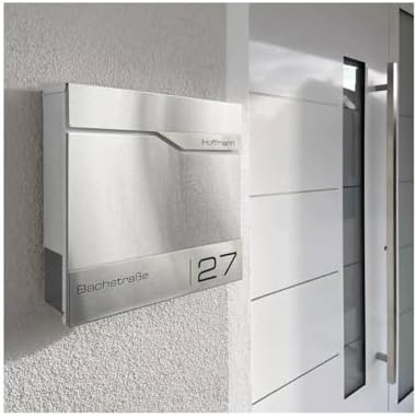 Siebert Metzler Briefkasten Basaltgrau RAL7012 mit Zeitungsfach & Edelstahl Namensschild – langlebig & modern für Ihr Zu