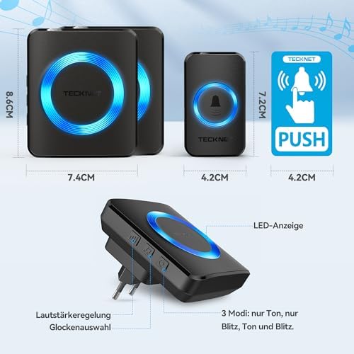 TECKNET Funkklingel Set – Wasserdichte Türklingel für Außen, 400m Reichweite, 60 Melodien und LED-Blitz