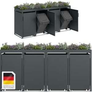 STEELSØN Thoria Mülltonnenbox 4er aus Stahl mit Pflanzendach – elegante Müllverkleidung für Garten 125x80x268 cm