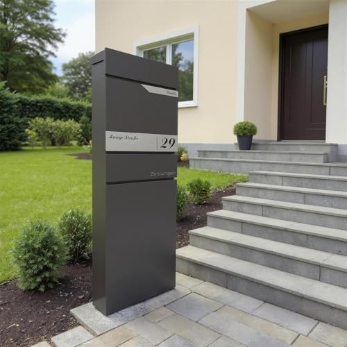 Metzler Standbriefkasten anthrazit RAL 7016 - Wetterfest mit Namensschild & Zeitungsfach | Perfekt für jeden Außenbereic
