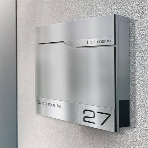 Siebert Metzler Briefkasten Basaltgrau RAL7012 mit Zeitungsfach & Edelstahl Namensschild – langlebig & modern für Ihr Zu