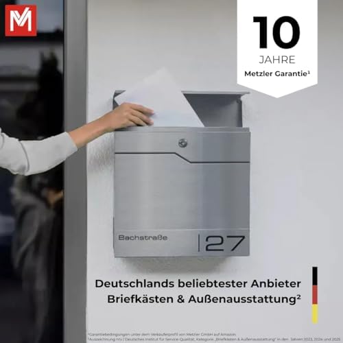 Siebert Metzler Briefkasten Basaltgrau RAL7012 mit Zeitungsfach & Edelstahl Namensschild – langlebig & modern für Ihr Zu