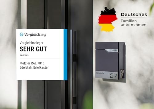 Siebert Metzler Briefkasten Basaltgrau RAL7012 mit Zeitungsfach & Edelstahl Namensschild – langlebig & modern für Ihr Zu