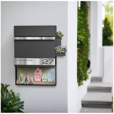Metzler Briefkasten Anthrazit mit Zeitungsfach - personalisierter Wandbriefkasten aus massivem Stahl | Modell Stencil 2