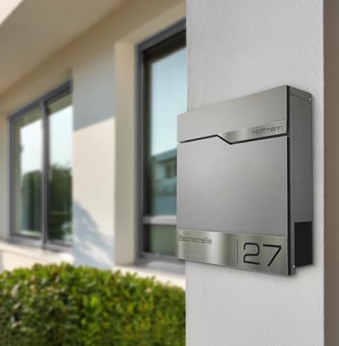 Siebert Metzler Briefkasten Basaltgrau RAL7012 mit Zeitungsfach & Edelstahl Namensschild – langlebig & modern für Ihr Zu