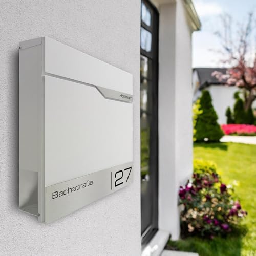 Siebert Metzler Briefkasten Basaltgrau RAL7012 mit Zeitungsfach & Edelstahl Namensschild – langlebig & modern für Ihr Zu