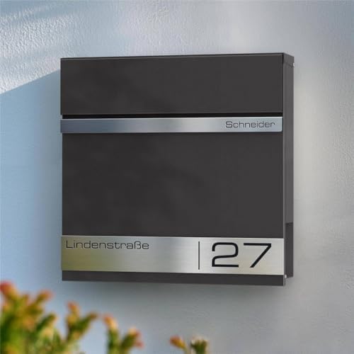 Metzler Briefkasten Anthrazit mit Zeitungsfach - personalisierter Wandbriefkasten aus massivem Stahl | Modell Stencil 2