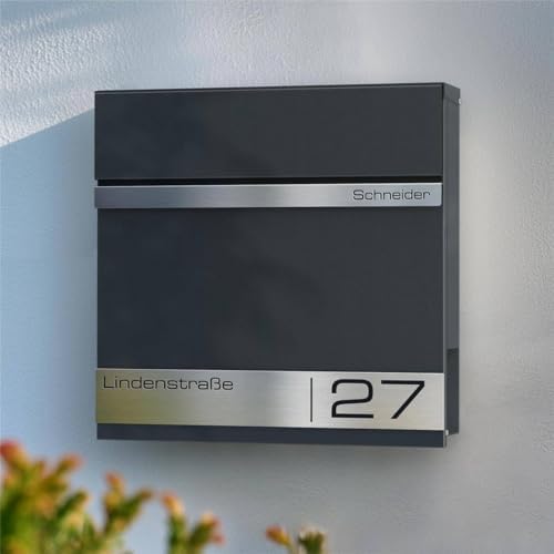 Metzler Briefkasten Anthrazit mit Zeitungsfach - personalisierter Wandbriefkasten aus massivem Stahl | Modell Stencil 2