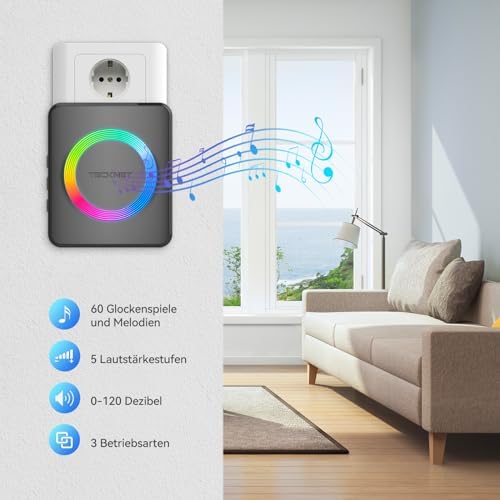 TECKNET Funkklingel Set – Wasserdichte Türklingel für Außen, 400m Reichweite, 60 Melodien und LED-Blitz