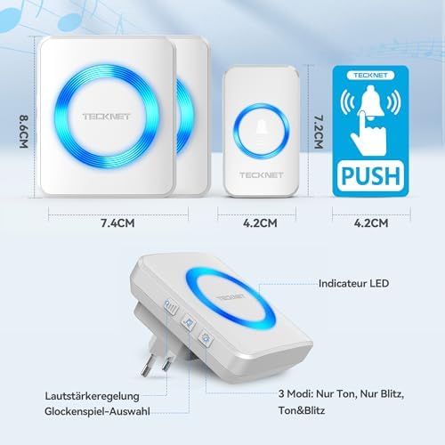 TECKNET Funkklingel Set – Wasserdichte Türklingel für Außen, 400m Reichweite, 60 Melodien und LED-Blitz
