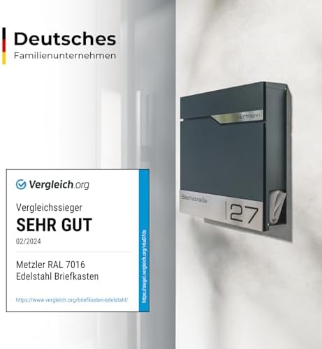 Siebert Metzler Briefkasten Basaltgrau RAL7012 mit Zeitungsfach & Edelstahl Namensschild – langlebig & modern für Ihr Zu