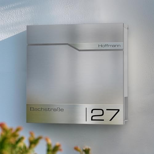 Siebert Metzler Briefkasten Basaltgrau RAL7012 mit Zeitungsfach & Edelstahl Namensschild – langlebig & modern für Ihr Zu