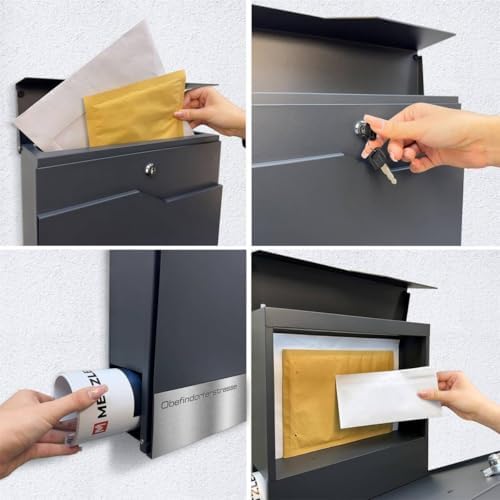 Siebert Metzler Briefkasten Basaltgrau RAL7012 mit Zeitungsfach & Edelstahl Namensschild – langlebig & modern für Ihr Zu