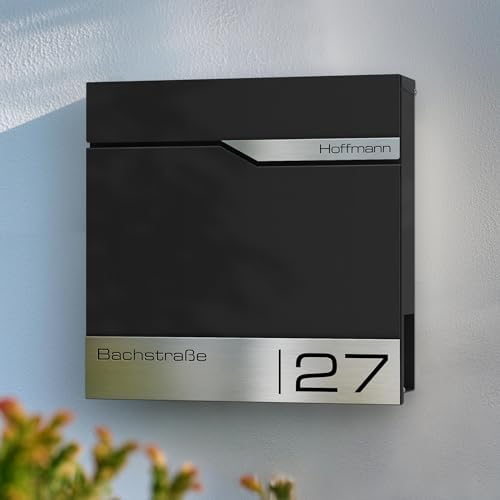 Siebert Metzler Briefkasten Basaltgrau RAL7012 mit Zeitungsfach & Edelstahl Namensschild – langlebig & modern für Ihr Zu
