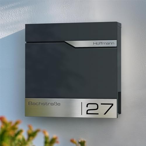 Siebert Metzler Briefkasten Basaltgrau RAL7012 mit Zeitungsfach & Edelstahl Namensschild – langlebig & modern für Ihr Zu