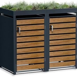 Metzler Mülltonnenbox 2er 240L Anthrazit & Holzoptik mit Pflanzdach für Garten – Rostfrei & abschließbar!