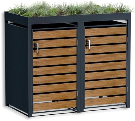 Metzler Mülltonnenbox 2er 240L Anthrazit & Holzoptik mit Pflanzdach für Garten – Rostfrei & abschließbar!