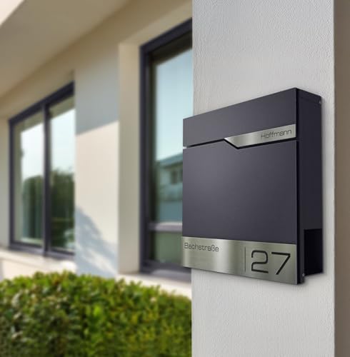 Siebert Metzler Briefkasten Basaltgrau RAL7012 mit Zeitungsfach & Edelstahl Namensschild – langlebig & modern für Ihr Zu