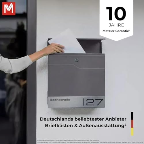 Siebert Metzler Briefkasten Basaltgrau RAL7012 mit Zeitungsfach & Edelstahl Namensschild – langlebig & modern für Ihr Zu