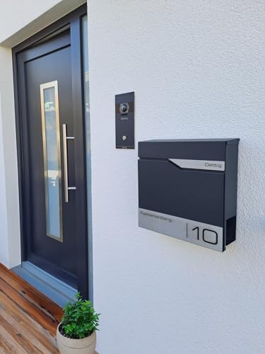 Siebert Metzler Briefkasten Basaltgrau RAL7012 mit Zeitungsfach & Edelstahl Namensschild – langlebig & modern für Ihr Zu