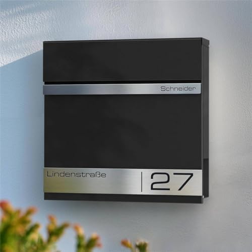 Metzler Briefkasten Anthrazit mit Zeitungsfach - personalisierter Wandbriefkasten aus massivem Stahl | Modell Stencil 2