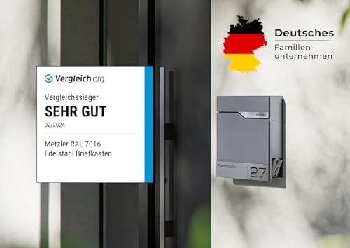 Siebert Metzler Briefkasten Basaltgrau RAL7012 mit Zeitungsfach & Edelstahl Namensschild – langlebig & modern für Ihr Zu