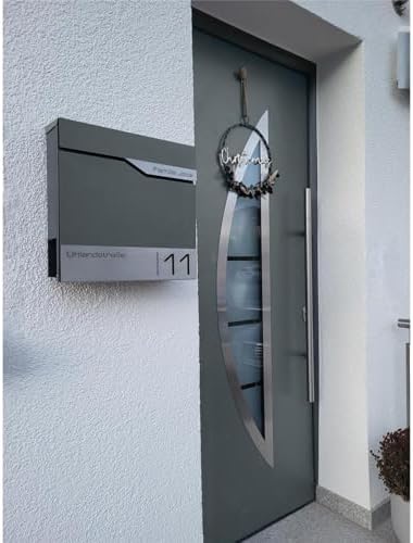 Siebert Metzler Briefkasten Basaltgrau RAL7012 mit Zeitungsfach & Edelstahl Namensschild – langlebig & modern für Ihr Zu