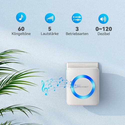 TECKNET Funkklingel Set – Wasserdichte Türklingel für Außen, 400m Reichweite, 60 Melodien und LED-Blitz