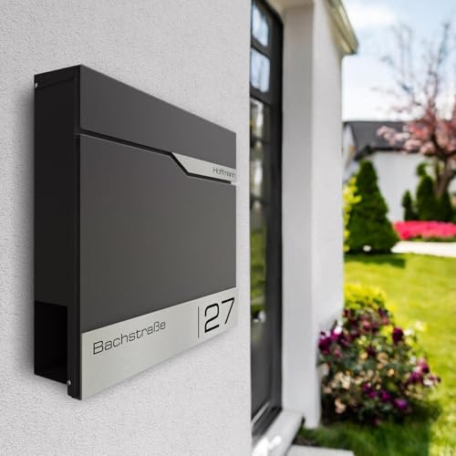 Siebert Metzler Briefkasten Basaltgrau RAL7012 mit Zeitungsfach & Edelstahl Namensschild – langlebig & modern für Ihr Zu