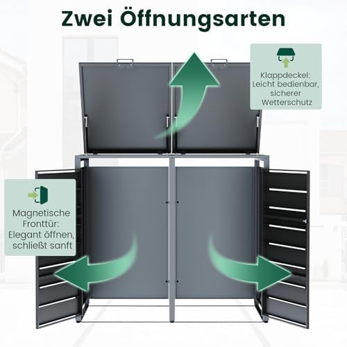 CHOSHOME Mülltonnenbox 4er - Wetterfester & abschließbarer Stahl für 4 Mülltonnen im Garten, erweiterbar, Anthrazit