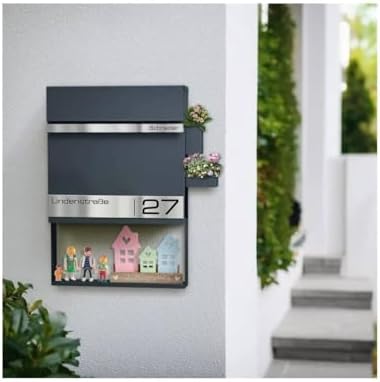 Metzler Briefkasten Anthrazit mit Zeitungsfach - personalisierter Wandbriefkasten aus massivem Stahl | Modell Stencil 2
