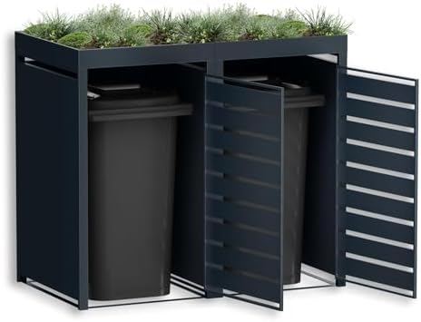Metzler Mülltonnenbox 2er 240L Anthrazit & Holzoptik mit Pflanzdach für Garten – Rostfrei & abschließbar!