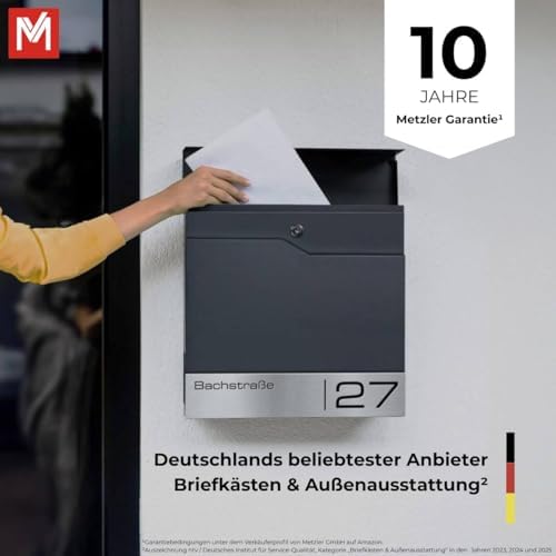 Siebert Metzler Briefkasten Basaltgrau RAL7012 mit Zeitungsfach & Edelstahl Namensschild – langlebig & modern für Ihr Zu