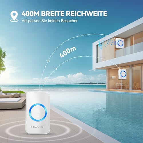 TECKNET Funkklingel Set – Wasserdichte Türklingel für Außen, 400m Reichweite, 60 Melodien und LED-Blitz